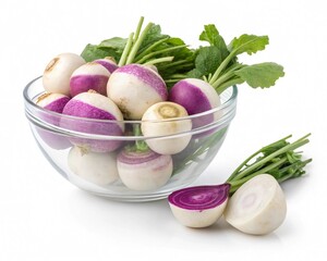 Turnips Bowl – Fresh White and Purple Turnips in Transparent Glass Bowl on White Background