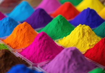 Colorful piles of holi powder in plastic trays at a market