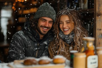 Couple laughing in the snow.