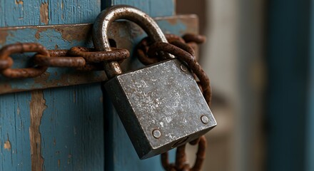 Old padlock securing weathered chain on blue door