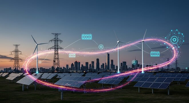 Renewable energy sources powering a cityscape with windmills and solar panels