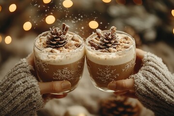 people holding hot chocolate, Christmas lights twinkling behind.