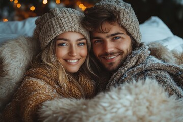 Couple hugs in winter clothes by Christmas tree.