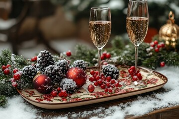 glasses of champagne on a tray with Christmas decorations.