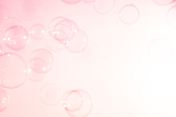 Beautiful Clear Pink Soap Bubbles Floating in The Air. Celebration Festive Backdrop. Freshness Soap Suds Bubbles Water. Pink and White Gradient Textured.	
