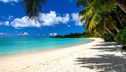 An idyllic tropical beach scene with white sand, clear turquoise water, swaying palm trees, and a bright blue sky with fluffy clouds