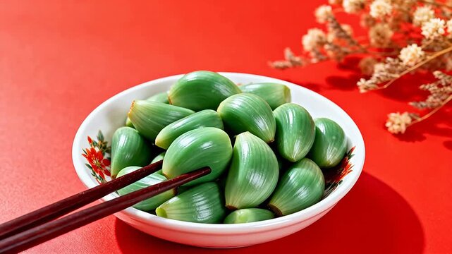 Green garlic in bowl with chopsticks