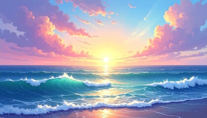 An idyllic watercolor of a sunlit ocean scene at sunset. Waves crash as the sun blazes through clouds