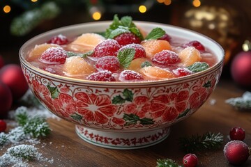 Bowl of fruit and sugar on a table.