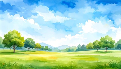 An idyllic watercolor painting depicts a vibrant green meadow with trees under a bright blue sky filled with fluffy clouds. Rolling hills fade into the distance