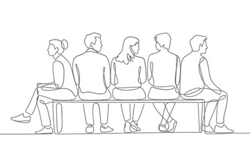 Line drawing of five people sitting on a bench facing away