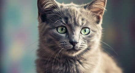 Close up portrait of a gray cat with green eyes soft focus background