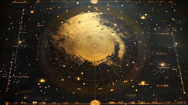 Detailed map of Antarctica showcasing geographical features and star patterns in a celestial design