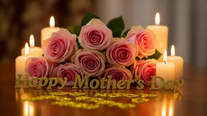 Happy Mothers Day Celebration with Pink Roses and Candles
