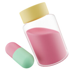Isolated Pink Medicine Bottle with Yellow Lid and Green Pink Capsule on Transparent Background 3D Render
