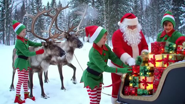 Santa Claus and his elves are busy loading glowing Christmas presents onto a sleigh pulled by reindeer in a snowy winter forest,preparing for holiday deliveries.