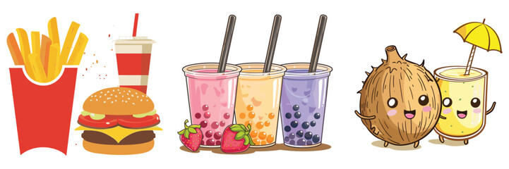 set of coconut drink basket and bubble tea cartoon illustration