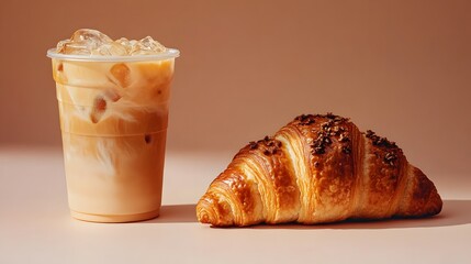 Delicious iced coffee paired with a golden-brown croissant in a warm setting