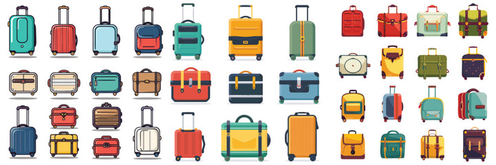 set of travel camera beach and torii gate cartoon illustration