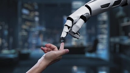 A robotic hand interacts with a digital clock representing 24-hour service in a sleek office setting, highlighting the blend of technology and modern business communication. Auvana - Powered by Adobe