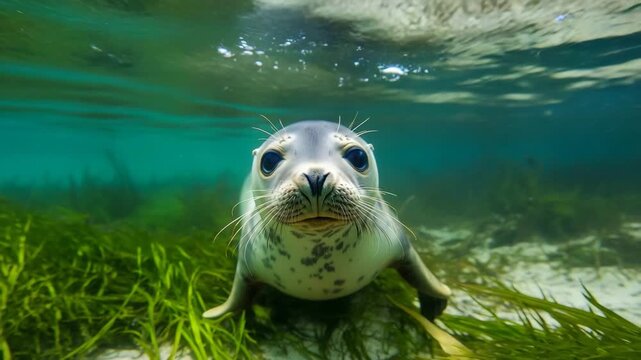 Curious seal face underwater in blue sea

