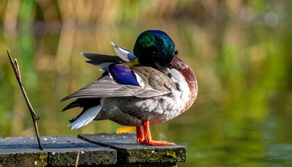 A mallard duck preening on a wooden dock
