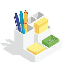 Isometric illustration of a white desk organizer with pens and sticky notes on a white background