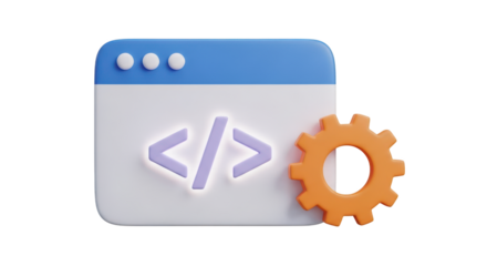3D Web Browser Window with Code Symbol and Gear Icon on Transparent Background coding programming isolated on a transparent background