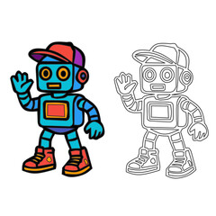 Cute Cartoon Robot with Cap - Colored and Outline Vector Illustration