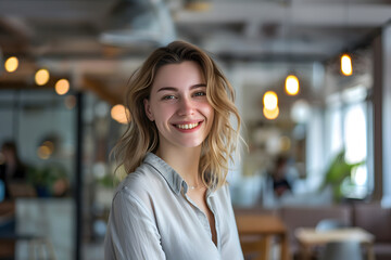 Portrait of Joyful Woman: A captivating portrait showcases a radiant woman with a warm smile and friendly gaze, conveying happiness and a positive state of mind.