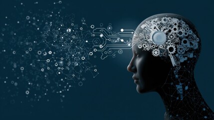 Robot with a brain, artificial intelligence, dark background