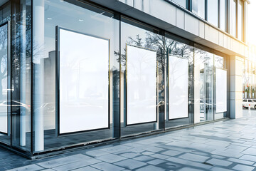 Urban Retail Showcase: The clean lines of a modern storefront with large glass windows provide a blank canvas for the advertising or artwork within a bustling city. 