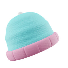 Isolated Render of Cyan and Pink Knitted Beanie Hat with White Pom Pom on Transparent Background