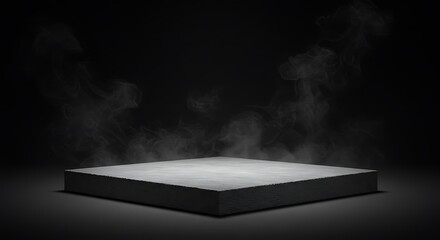 Dramatic dark hexagonal podium with billowing white smoke and mist against an ominous black background