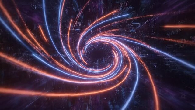 輝くネオンラインが描くデジタル渦巻、未来的なサイバースペース背景ループアニメーション