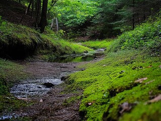 Obraz premium Lush green mossy forest stream