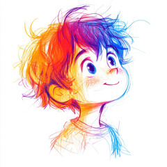 Colorful sketch of cute boy with colorful hair and bright eyes.