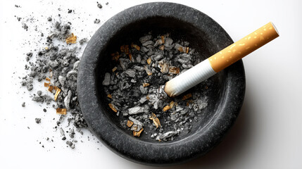 Ashes and Cigarette in Mortar Showing Effects of Smoking on Health and Environment