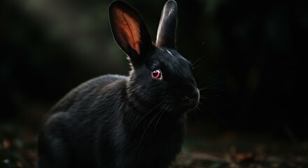 Close up portrait of black rabbit with red eyes and visible ears