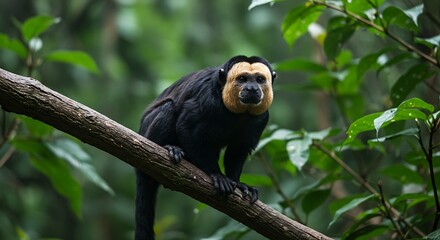 Naklejka premium White faced saki monkey perched on a tree branch with green foliage