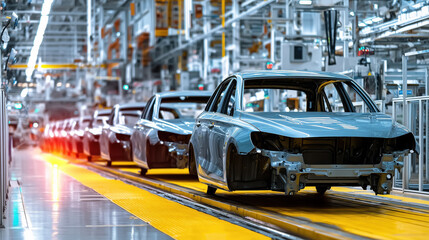 Assembly Line Inside Modern Automobile Factory with Complete Production Process and Manufacturing Technology