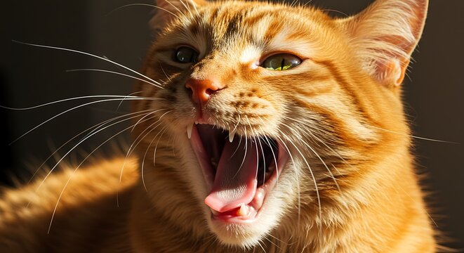 Close up portrait of yawning orange tabby cat in natural sunlight