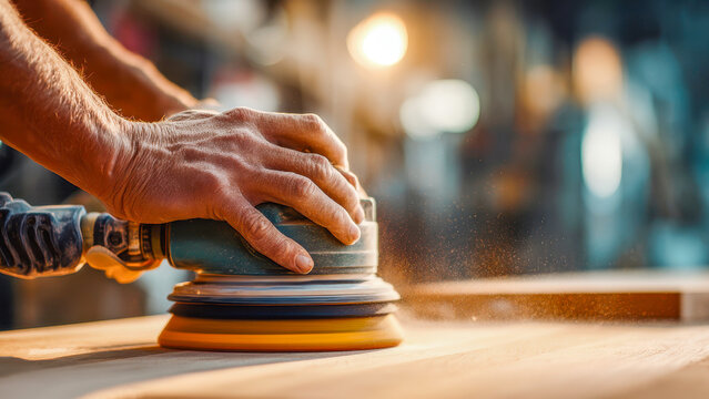 Skilled craftsman using a power sander on a wooden surface in a workshop, showcasing precision and attention to detail in woodworking craftsmanship