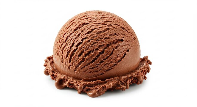 A single scoop of rich chocolate ice cream on a white background.