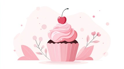 Pink cupcake with cherry