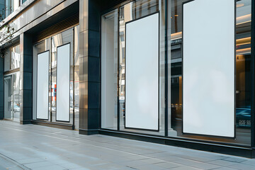 Empty Display Windows: A modern storefront showcases a row of pristine, blank display windows, offering a canvas for creative advertisements or product presentations.