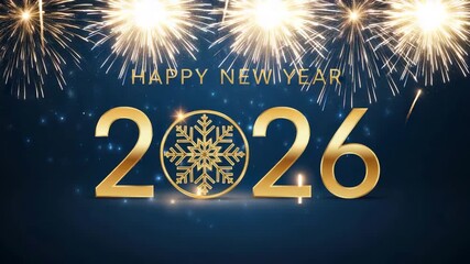 Golden happy new year 2026 celebration with fireworks and snowflake design