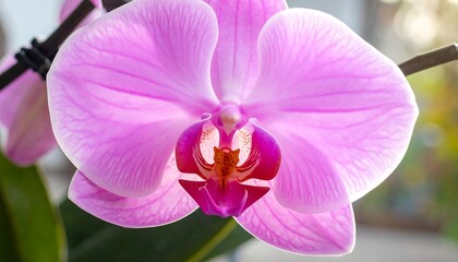 Obraz premium Close-up showcases a vibrant, pink orchid in full bloom. Delicate petals with subtle veins are highlighted by soft lighting, creating a dreamy, natural aesthetic