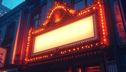 An illuminated theater marquee at dusk, with a blank display and ornate, golden accents, framed by a darkened city facade