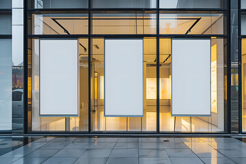 Storefront Display : A sleek and modern building exterior showcases three blank canvases within a large glass window, inviting the viewer to imagine a world of possibilities within.